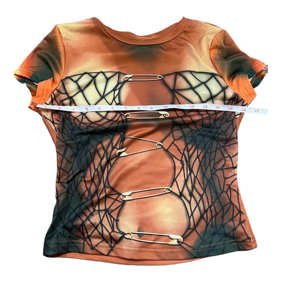 Rugged Trends Orange Fishnet & Safety Pin Grunge Illusion Short Sleeve Tee Top - Picture 8 of 8